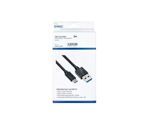 USB 3.1 кабел тип C - 3.0 A щепсел, 5Gbps, 3A зареждане, черен, 2,00 м, Dinic Box